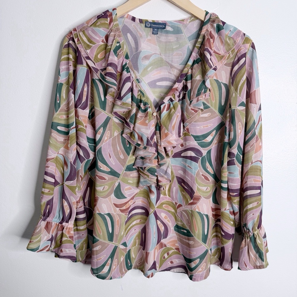 Democracy Pink Multi-Color Ruffle V-Neck Blouse - Picture 2 of 8